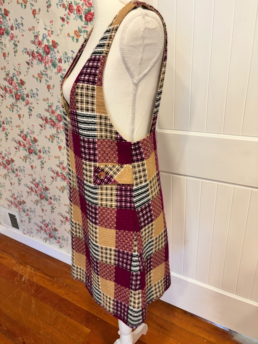Vintage Plaid Pinafore Dress in Burgundy and Mustard Mini Size M - Picture 3 of 8